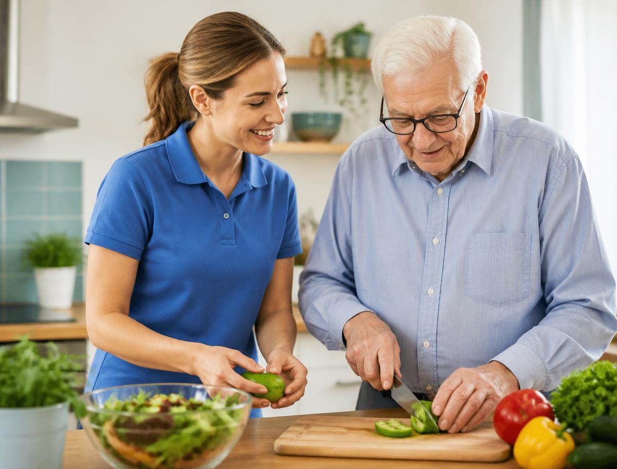 Intervenante de JPS Services préparant un repas santé avec un client à domicile